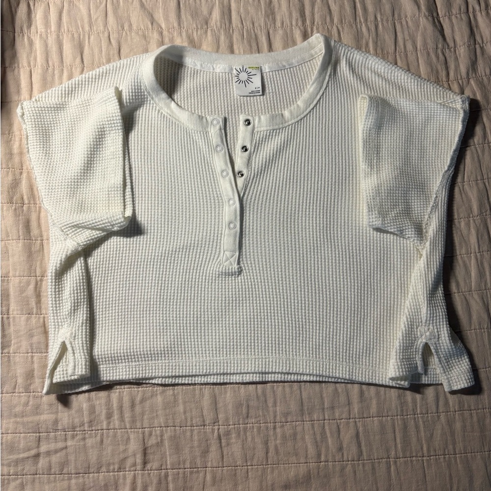 White Waffle Knit Henley Top